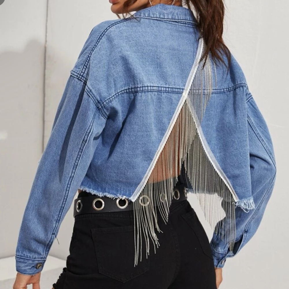 Fringe rhinestone raw hem denim jacket jean